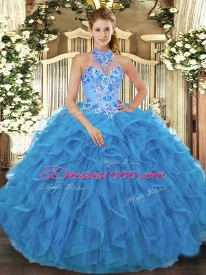 Floor Length Lace Up 15 Quinceanera Dress Baby Blue for Military Ball and Sweet 16 and Quinceanera with Beading and Embroidery and Ruffles