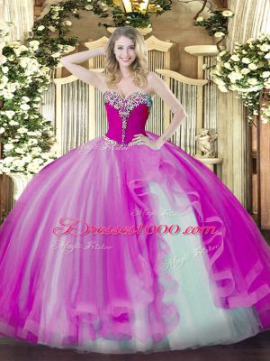 Luxury Floor Length Fuchsia 15th Birthday Dress Tulle Sleeveless Beading and Ruffles