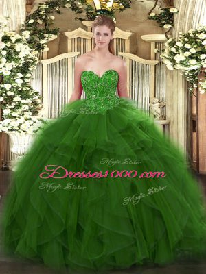 Green Lace Up Ball Gown Prom Dress Beading Sleeveless Floor Length