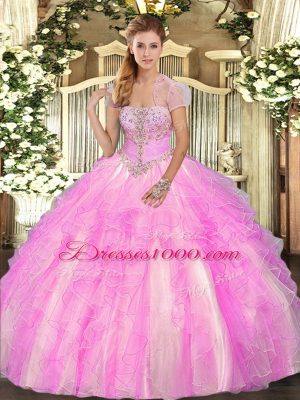Lilac Ball Gowns Strapless Sleeveless Tulle Floor Length Lace Up Appliques and Ruffles Quinceanera Gown