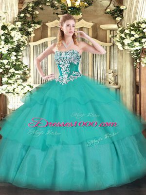 Traditional Strapless Sleeveless Tulle Ball Gown Prom Dress Beading and Ruffled Layers Lace Up