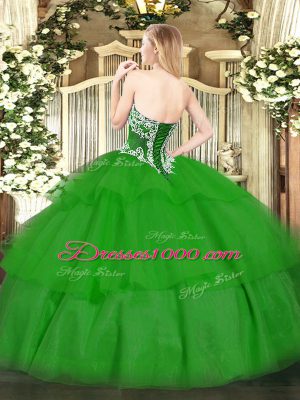 Traditional Strapless Sleeveless Tulle Ball Gown Prom Dress Beading and Ruffled Layers Lace Up