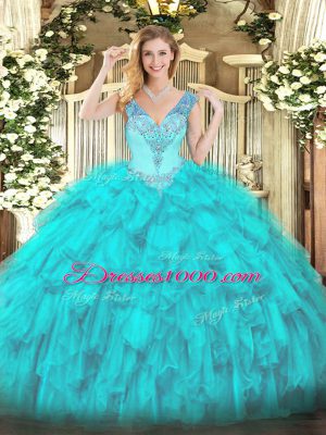 V-neck Sleeveless Organza Vestidos de Quinceanera Beading and Ruffles Lace Up