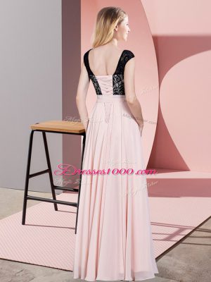 Champagne Empire Chiffon Scoop Sleeveless Lace and Belt Floor Length Lace Up Dress for Prom
