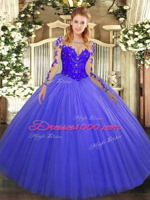 Blue Long Sleeves Floor Length Lace Lace Up Quinceanera Gowns