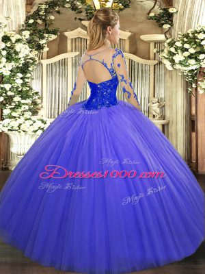 Blue Long Sleeves Floor Length Lace Lace Up Quinceanera Gowns