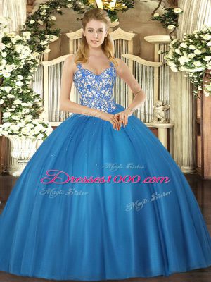 Gorgeous Floor Length Lace Up Sweet 16 Quinceanera Dress Blue for Sweet 16 and Quinceanera with Beading and Appliques