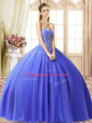 Fancy Beading Sweet 16 Dresses Blue Lace Up Sleeveless Floor Length