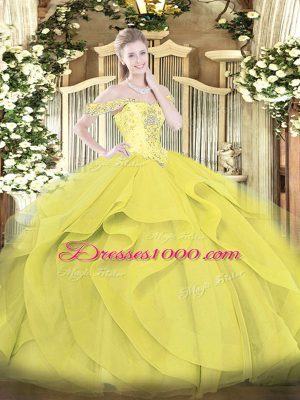 Yellow Tulle Lace Up Off The Shoulder Sleeveless Floor Length Quince Ball Gowns Beading and Ruffles