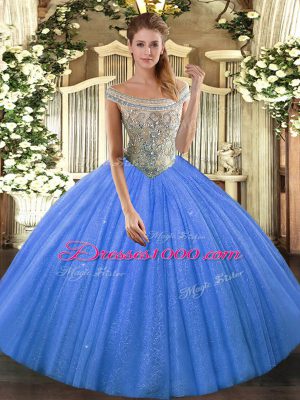 Off The Shoulder Sleeveless Quinceanera Dress Floor Length Beading Baby Blue Tulle and Sequined