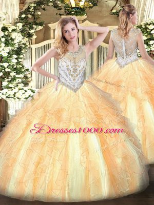 Tulle Scoop Sleeveless Zipper Beading and Ruffles Sweet 16 Dresses in Gold