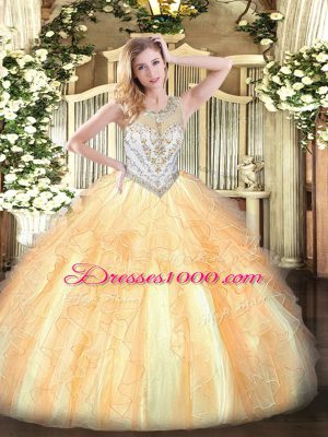 Tulle Scoop Sleeveless Zipper Beading and Ruffles Sweet 16 Dresses in Gold