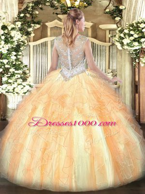 Tulle Scoop Sleeveless Zipper Beading and Ruffles Sweet 16 Dresses in Gold