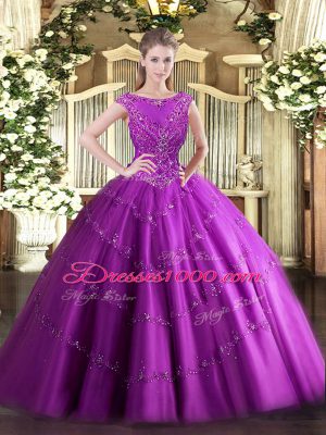Charming Fuchsia Tulle Zipper Scoop Sleeveless Floor Length Quinceanera Dresses Beading and Appliques