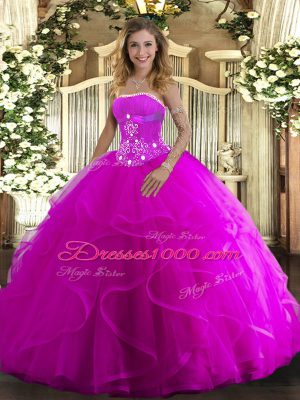Fabulous Floor Length Lace Up 15 Quinceanera Dress Fuchsia for Military Ball and Sweet 16 and Quinceanera with Beading and Ruffles