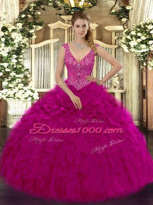 Trendy Sleeveless Zipper Floor Length Beading and Ruffles Quinceanera Gown