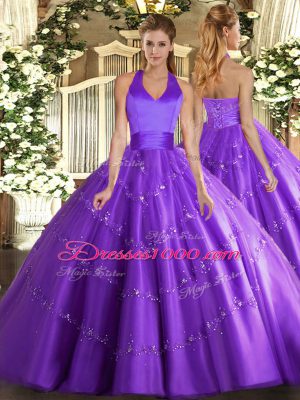 Designer Purple Lace Up Quinceanera Gown Appliques Sleeveless Floor Length