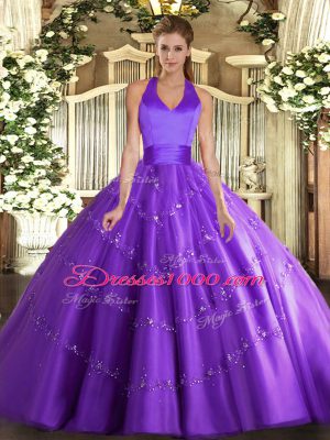 Designer Purple Lace Up Quinceanera Gown Appliques Sleeveless Floor Length
