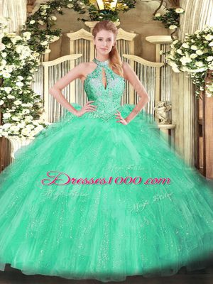 Glamorous Floor Length Apple Green Quinceanera Dresses Organza Sleeveless Beading and Ruffles