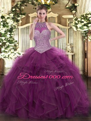 Unique Tulle Halter Top Sleeveless Lace Up Beading 15 Quinceanera Dress in Burgundy