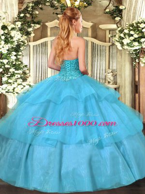 Floor Length Baby Blue Sweet 16 Dresses Tulle Sleeveless Beading and Ruffled Layers