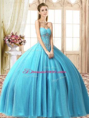 Elegant Aqua Blue Tulle Lace Up Quince Ball Gowns Sleeveless Floor Length Beading