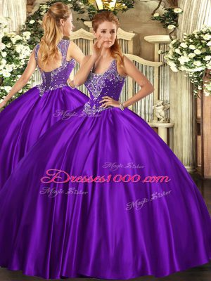 Fashion Purple Ball Gowns Beading Sweet 16 Quinceanera Dress Lace Up Satin Sleeveless Floor Length
