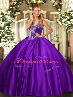 Fashion Purple Ball Gowns Beading Sweet 16 Quinceanera Dress Lace Up Satin Sleeveless Floor Length
