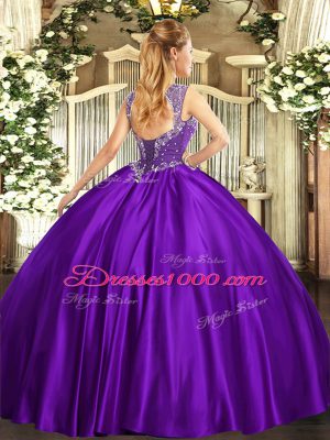 Fashion Purple Ball Gowns Beading Sweet 16 Quinceanera Dress Lace Up Satin Sleeveless Floor Length