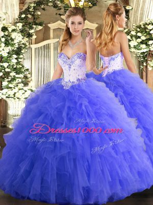 Tulle Sweetheart Sleeveless Lace Up Beading and Ruffles 15 Quinceanera Dress in Blue