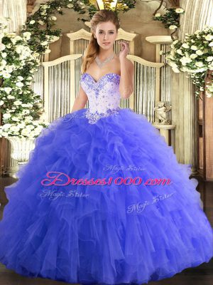 Tulle Sweetheart Sleeveless Lace Up Beading and Ruffles 15 Quinceanera Dress in Blue