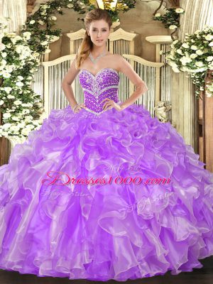 Cute Lavender Quinceanera Gowns Military Ball and Sweet 16 and Quinceanera with Beading and Ruffles Sweetheart Sleeveless Lace Up