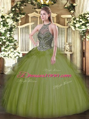 Olive Green Tulle Lace Up Halter Top Sleeveless Floor Length Sweet 16 Dresses Beading