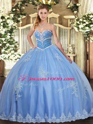 Custom Design Blue Sleeveless Tulle Lace Up Ball Gown Prom Dress for Military Ball and Sweet 16 and Quinceanera