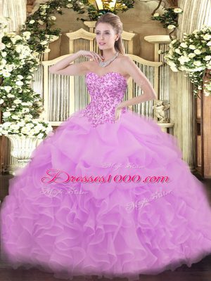 Sleeveless Floor Length Lace and Ruffles and Pick Ups Lace Up Quinceanera Dresses with Lilac