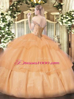 Ball Gowns Quinceanera Gowns Lavender Off The Shoulder Organza Sleeveless Floor Length Lace Up