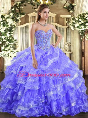 Spectacular Lavender Ball Gowns Sweetheart Sleeveless Organza Floor Length Lace Up Embroidery and Ruffled Layers Sweet 16 Dresses
