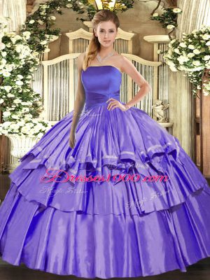Traditional Floor Length Lace Up Sweet 16 Dress Lavender for Military Ball and Sweet 16 and Quinceanera with Ruffled Layers