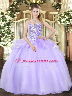 Lavender Sleeveless Floor Length Beading Lace Up Sweet 16 Quinceanera Dress