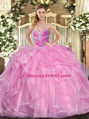 Beauteous Lilac Ball Gowns Sweetheart Sleeveless Organza Floor Length Lace Up Beading and Ruffles Quinceanera Gown
