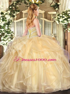 Beauteous Lilac Ball Gowns Sweetheart Sleeveless Organza Floor Length Lace Up Beading and Ruffles Quinceanera Gown