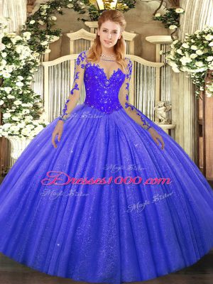 Modern Blue Lace Up Scoop Lace Quince Ball Gowns Tulle Long Sleeves
