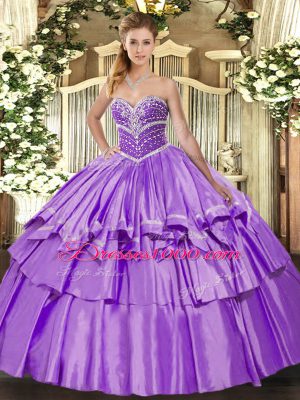 Fantastic Lavender 15 Quinceanera Dress Military Ball and Sweet 16 and Quinceanera with Beading and Ruffled Layers Sweetheart Sleeveless Lace Up