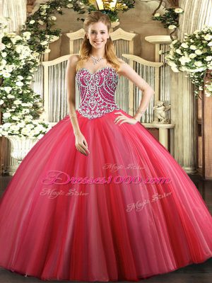 Floor Length Lace Up Quinceanera Dress Coral Red for Military Ball and Sweet 16 and Quinceanera with Beading