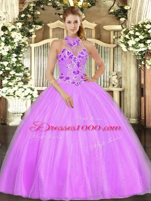 Pretty Floor Length Lilac Sweet 16 Dress Tulle Sleeveless Embroidery