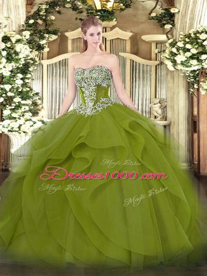 Sleeveless Tulle Floor Length Lace Up Quinceanera Dresses in Olive Green with Beading and Ruffles