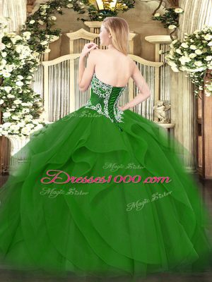 Sleeveless Tulle Floor Length Lace Up Quinceanera Dresses in Olive Green with Beading and Ruffles