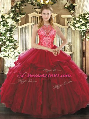 High-neck Sleeveless Organza Quinceanera Gown Ruffles Lace Up