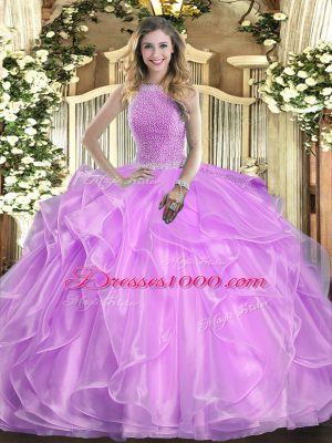 Cute High-neck Sleeveless 15 Quinceanera Dress Floor Length Beading and Ruffles Lilac Organza