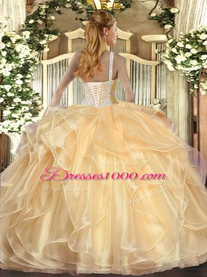 Cute High-neck Sleeveless 15 Quinceanera Dress Floor Length Beading and Ruffles Lilac Organza